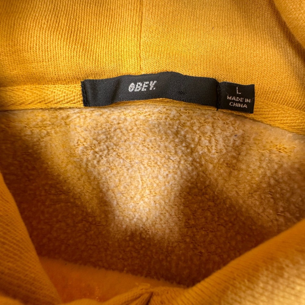 Obey Worldwide Hoodie Mens Large Oversized Yellow Distressed Sweatshirt PLS READ - Picture 6 of 12